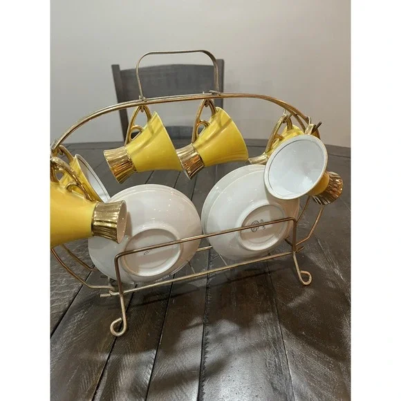 Vintage Napco Tea Set Yellow Gold Rack Leaf Saucer 4ZD-5415 Porcelain‎ Set Of 6